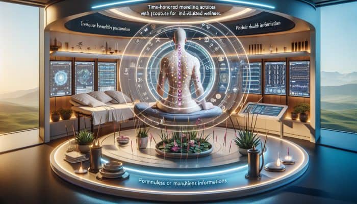 Acupuncture with Biofeedback Therapy: A patient receiving acupuncture in a serene room, with biofeedback devices showing real-time health data.