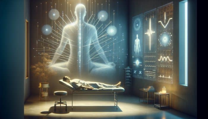 A serene patient receiving acupuncture with biofeedback monitors in a softly lit room.