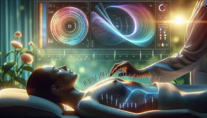 A serene medical setting with acupuncture and biofeedback enhancing treatment, patient relaxing as stress decreases.