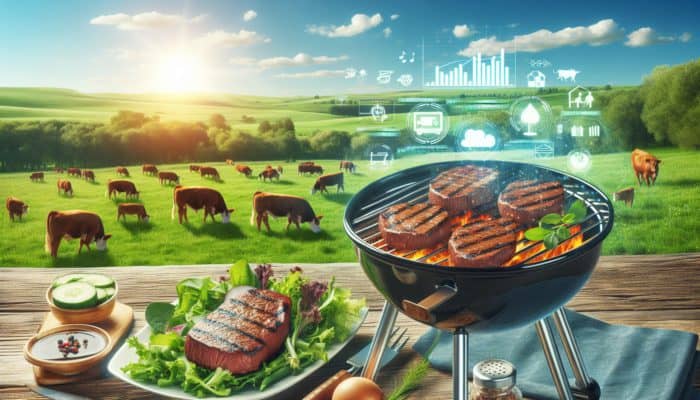 Sizzling grass-fed beef steaks on a grill, surrounded by lush pastures and grazing cattle, showcasing sustainable farming.