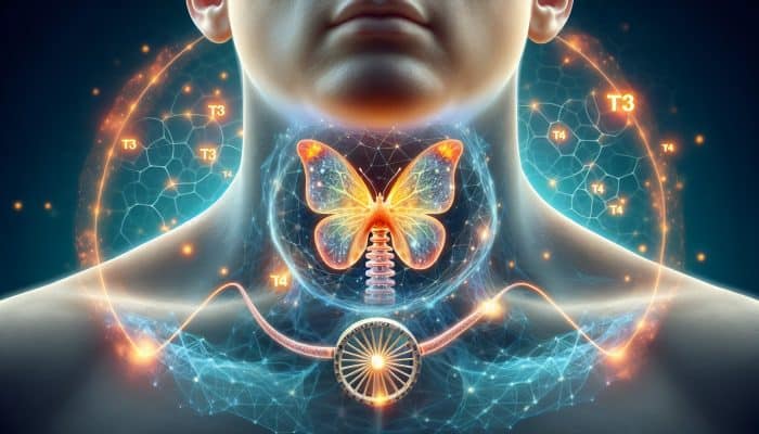 Advanced Thyroid Blood Test in Weybridge: Illustration of thyroid gland in neck, emitting T3 and T4 hormones, with energy flow and hamster wheel background.