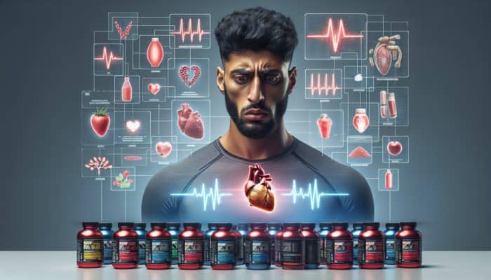 Person surrounded by pre-workout supplements and energy drinks, looking anxious with heart palpitations, illustrating dangers of overconsumption.
