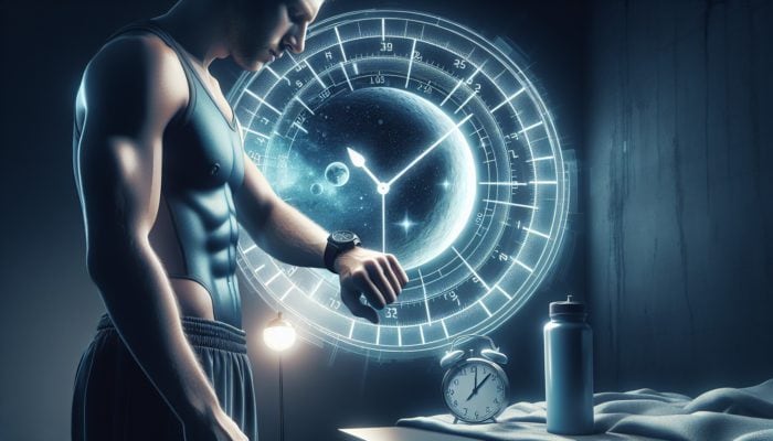 Person in workout gear checking watch, considering pre-workout drink, clock showing early evening.