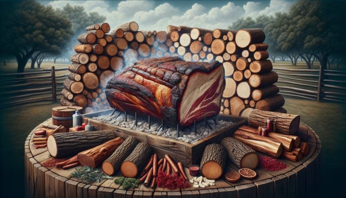 Various oak logs (white, red, live) around a smoking brisket in a rustic pit, clear sky.