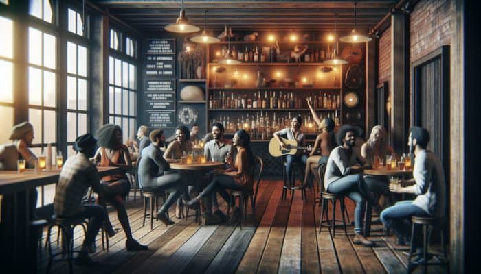 Cozy bar with friends enjoying drinks, live country music, and a relaxed daytime atmosphere.