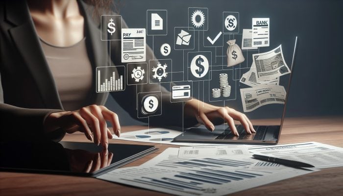 Person organizing financial documents like pay stubs, tax returns, bank statements, and credit report for loan consolidation application.