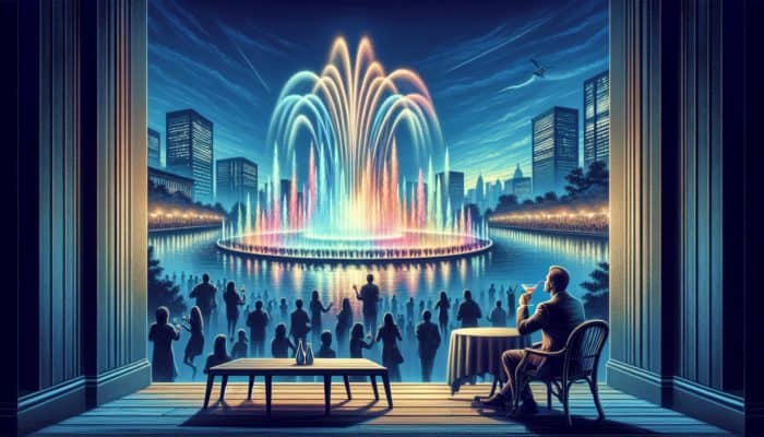 How to Pair Day Drinking with Vegas Attractions: Person enjoying a cocktail at Bellagio, watching the vibrant fountain display at night with crowds.