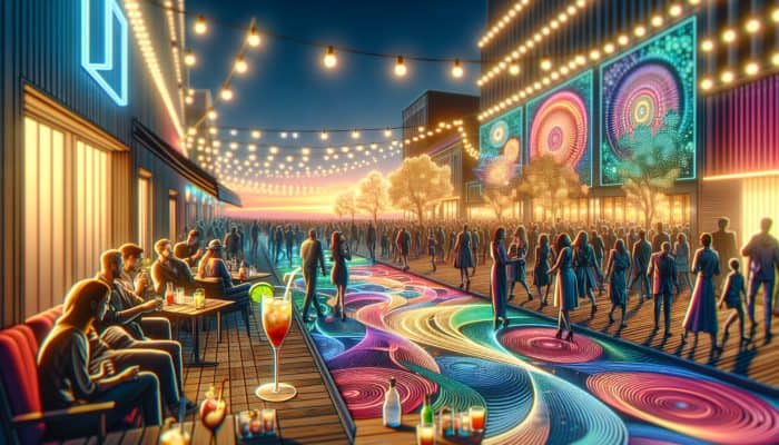 A bustling LINQ Promenade at dusk with crowds, cocktails, performers, and colorful installations.