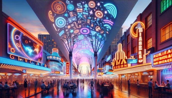 Fremont Street at dusk with neon lights, Viva Vision screen, and people enjoying drinks at outdoor bars.