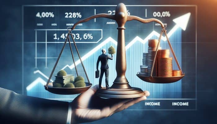 Challenges of Debt Consolidation with Bad Credit: A Guide | DCL A person balancing a scale with bills and income, symbolizing a low debt-to-income ratio, with rising credit score graphs.