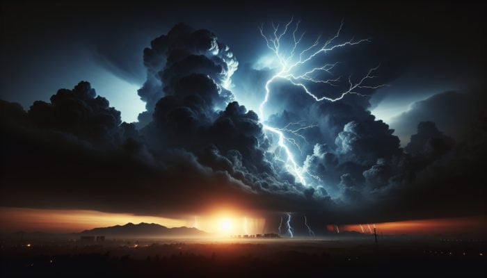 Surviving a Lightning Strike: Intense lightning bolts striking from dark clouds during a dramatic thunderstorm at twilight.