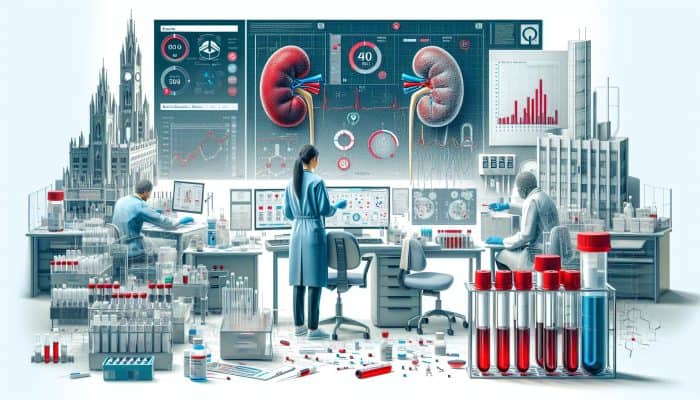 A lab technician in Smethwick analyzing blood vials for kidney function, with charts and equipment.