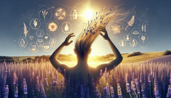 A person applying lavender oil to their scalp in a serene lavender field, symbolizing hair growth and vitality.
