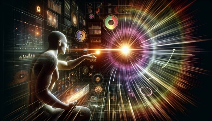 Person captivated by a colorful narrative on a screen, with rising engagement metrics and search rankings.