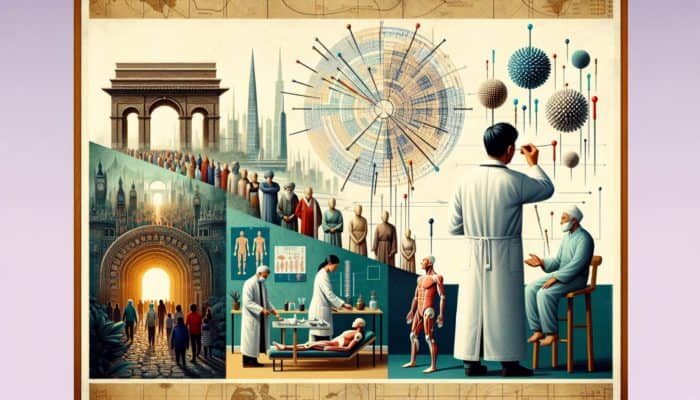 Acupuncture for Knee Pain Relief: Timeline of acupuncture in the UK: from introduction to acceptance, with practitioners educating and treating knee pain.