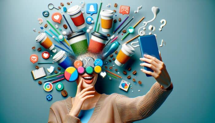 A vibrant selfie filter featuring whimsical coffee cups, logo, and color scheme for brand recognition.