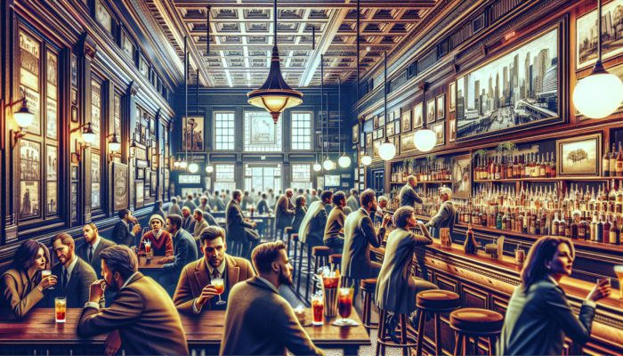 A bustling New York pub, The Dead Rabbit, with patrons enjoying inventive cocktails amidst a lively atmosphere.