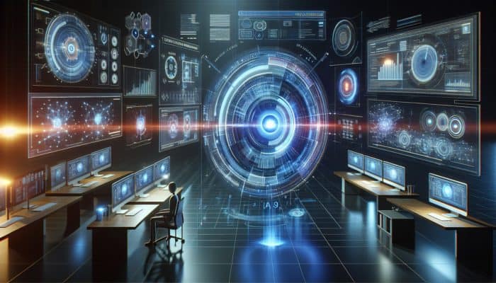 A futuristic AI search assistant interface with holographic data streams and user queries turning into insights.