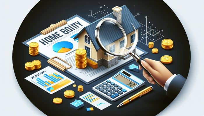 Infographic showing home equity loans with house, magnifying glass, graphs, charts, financial documents, and calculators.
