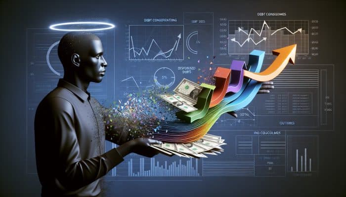 Debt Consolidation Loans for Excellent Credit: UK Guide | DCL Debt Consolidation Loans for Excellent Credit: A person merging colorful debt papers into one silver loan document, with financial charts showing reduced interest rates and improved cash flow.