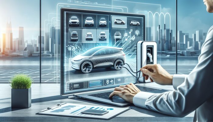 Person finalizes EV rental on laptop, with EV models on screen, charging station and city skyline visible.