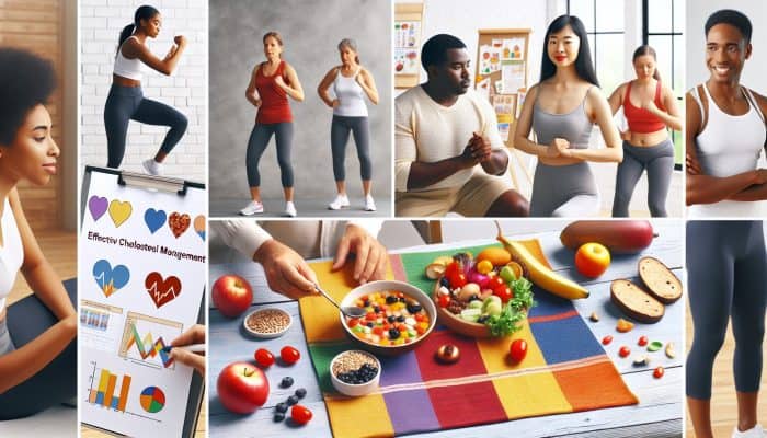 A person enjoying a Mediterranean meal and exercising in a community program for cholesterol management.