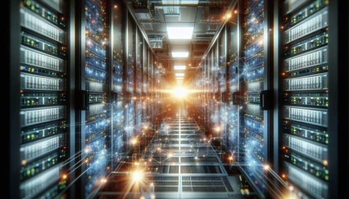 A network of interconnected servers in a high-tech data center, ensuring uninterrupted service for an online enterprise.