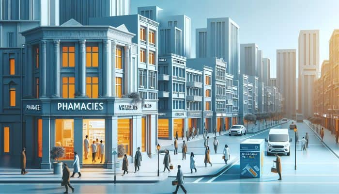 A busy Romford street with signs for health services like Romford Health Centre and Boots Pharmacy; people with Medichecks at-home vitamin D testing kits.