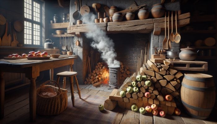Best Budget Woods for Beginner Smoking: Rustic kitchen with seasoned apple and hickory woods, smoke rising, blending sweet and smoky flavors.