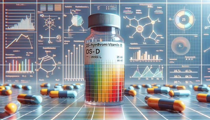 Infographic of blood test vial with color-coded sections showing vitamin D levels in nmol/L.