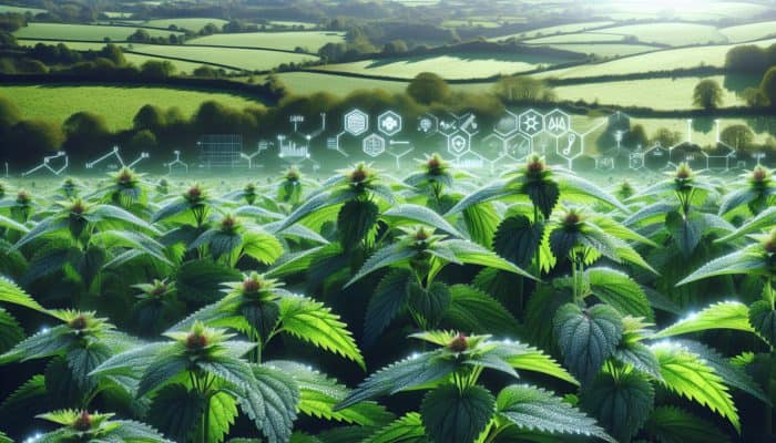 A vibrant field of dewy nettle plants in the UK, symbolizing hair shine and health.
