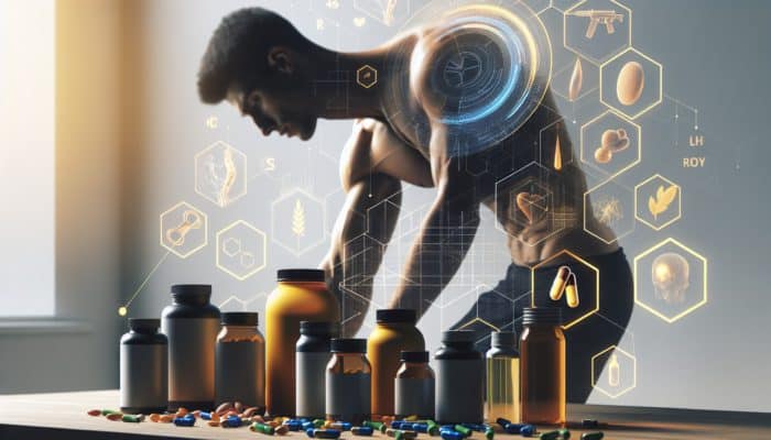 Bottles and capsules of recovery supplements with vitamins, minerals, and amino acids, athlete stretching in background.