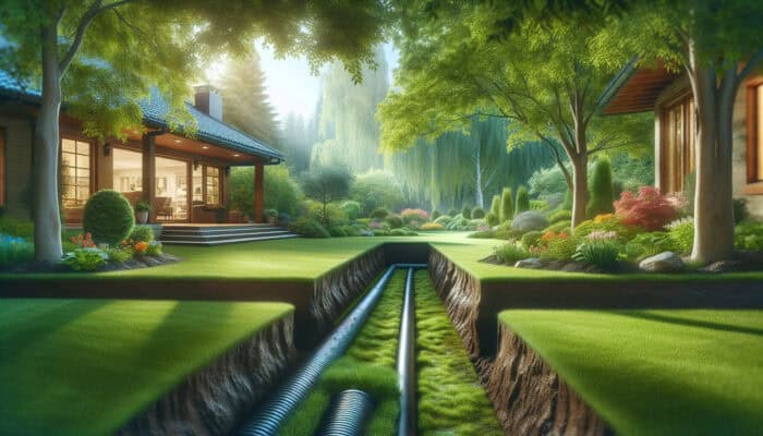 A serene backyard with an effective drainage system, featuring trenches and grading, enhancing the yard's beauty and health.