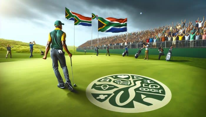 A South African golfer on a green course, anxious amidst crowd, cameras, rivals, and sponsors' logos under overcast sky.