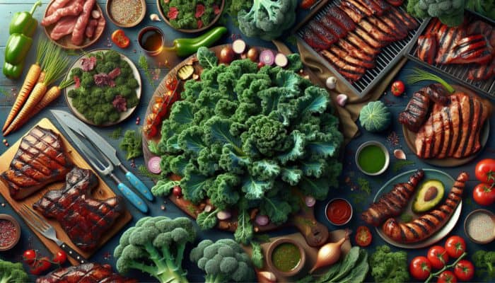 Grilled kale on BBQ table with meats, highlighting its crisp texture and vitamins A, C, K.