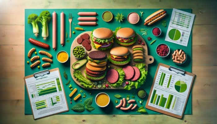 Plant-based meat substitutes like burgers and sausages on a green-themed table.
