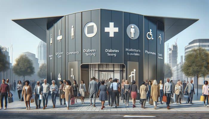 Diverse group entering Ilford medical center for accessible diabetes testing at various facilities.