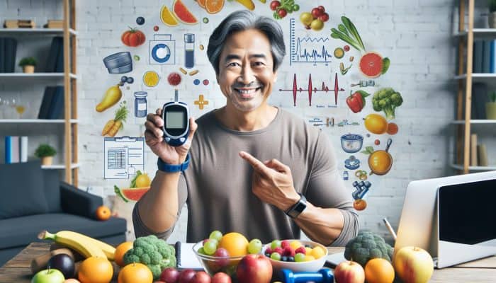 52-year-old man from Ilford with glucose monitor, surrounded by healthy foods and exercise equipment, symbolizing successful diabetes management.