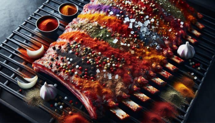 Best Rubs for BBQ Competition Ribs: Rib rack coated in vibrant rub, caramelizing on smoky grill, enhancing meat's flavors.