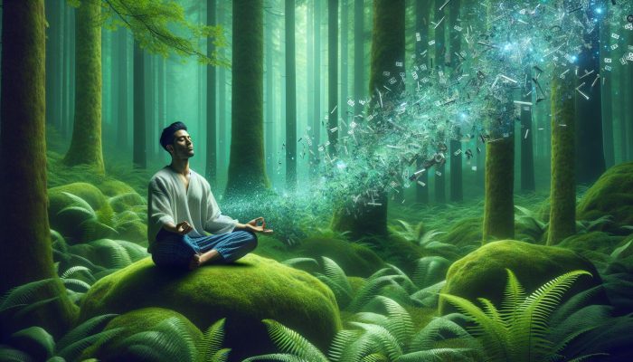 A person meditating in a forest with breaking chains, symbolizing debt consolidation and mental peace.
