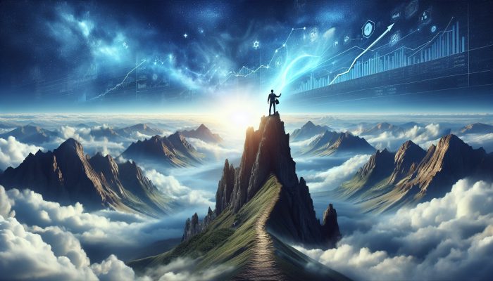 A person on a mountain top, symbolizing financial freedom and optimism, with a path to new goals.