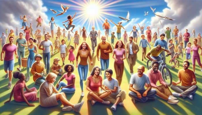 People outdoors enjoying sunlight, symbolizing mood and energy boost from vitamin D.