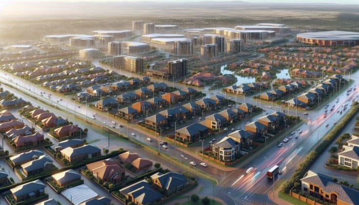 Aerial view of Centurion neighborhoods, showing homes near Centurion Mall and transport routes, illustrating property value factors.