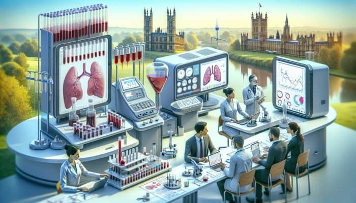 Illustration of advanced liver blood testing equipment and experts analyzing results in Walton-on-Thames lab.