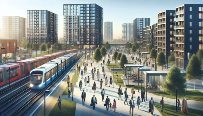 A bustling real estate market in Brits with modern, affordable housing near public transport, attracting young professionals and families.