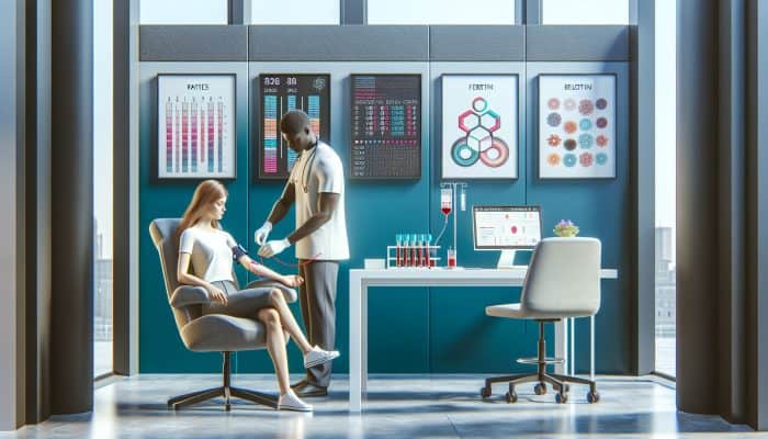 A nurse drawing blood for a ferritin test in a modern Banbury clinic.