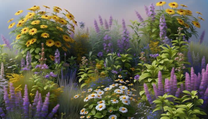 How Herbs Help With Depression: A serene garden featuring St. John's Wort, lavender, and chamomile, symbolizing natural relief from depression.