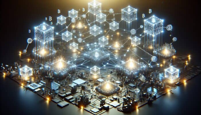 Using Blockchain for Transparent Video Ad Metrics: A glowing network of nodes and chains representing blockchain technology with transparent, secure data transactions and smart contracts.