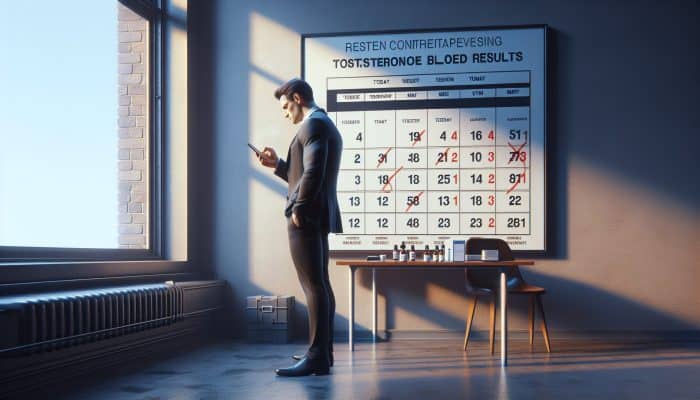 Person anxiously waiting by window, checking smartphone for test results, calendar showing passing days.