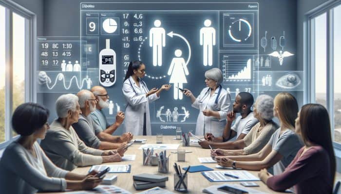 A diverse group consulting a healthcare provider about diabetes testing, using a glucometer and calendar.